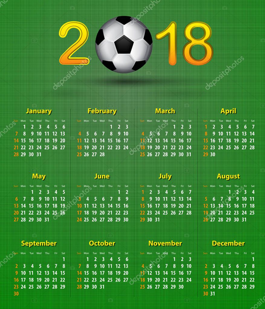 Soccer calendar for 2018 on green linen texture. Football theme — Stock