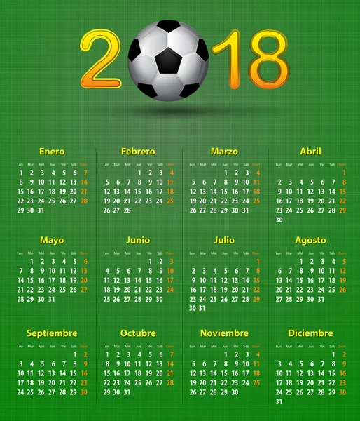 Fútbol calendario español para 2018 en textura de lino verde. Futbolín — Archivo Imágenes Vectoriales