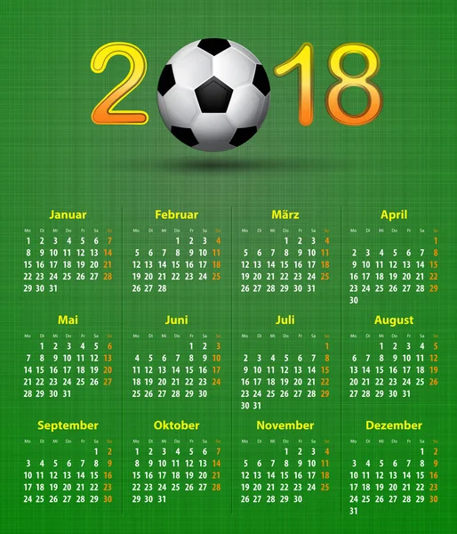 Deutsch calendar 2018 Soccer theme, linen back soccer ball calen — Stock Vector