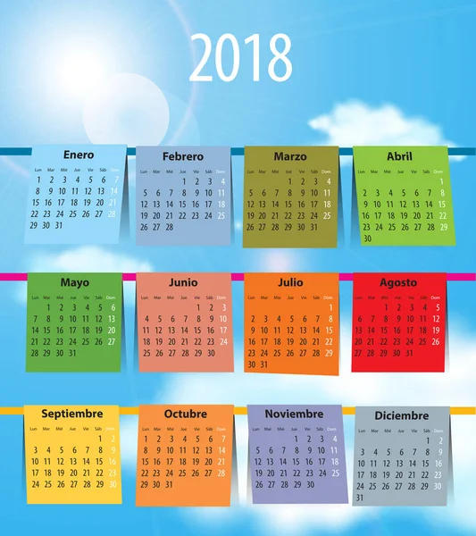 Calendário Espanhol para 2018 como lavanderia no varal — Vetor de Stock