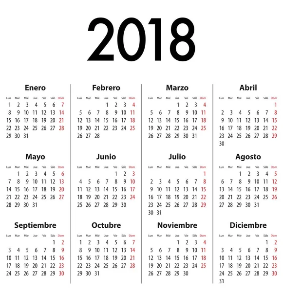 Grille calendrier espagnol pour 2018 . — Image vectorielle