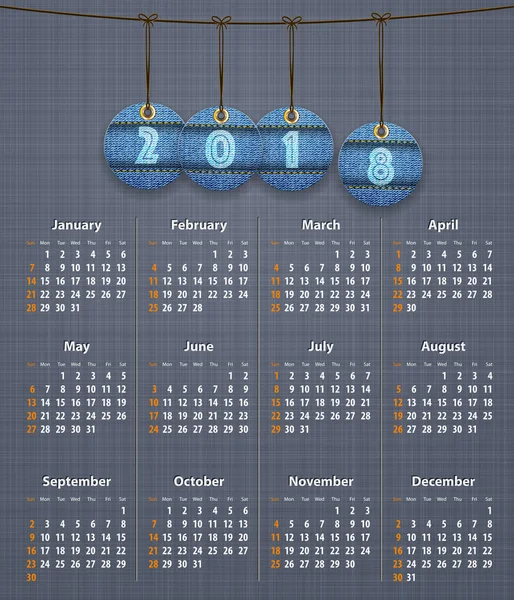 Стильный английский календарь на 2018 год на льняной текстуре с джинсами та — стоковый вектор