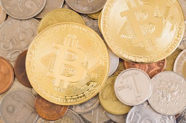 Magnitogorsk, Rusya - 13 Nisan 2018: Bitcoins ve farklı türü eski ve yeni para birçok ülkeden.