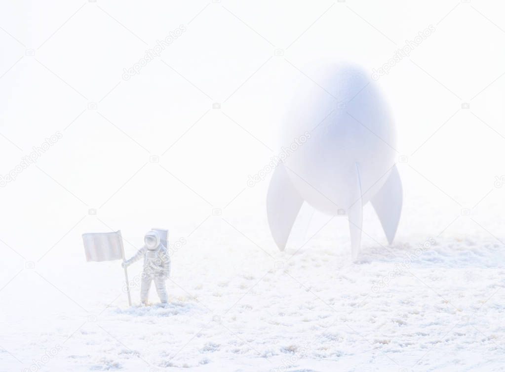 Conceptual high key photo of a white astronaut near the spaceship made of eggshell exploring snow planet. White space concept.
