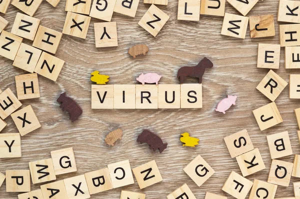 Virüs Kelimesi Ahşap Arka Planda Harf Kiremitleriyle Hecelenmiş — Stok fotoğraf