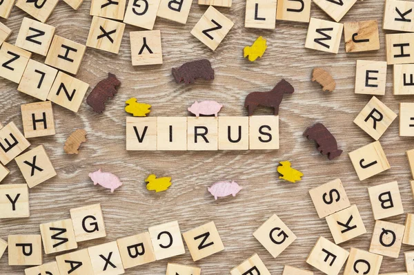 Palabra Virus Deletrea Con Letras Fondo Madera —  Fotos de Stock