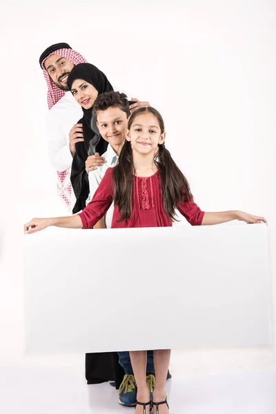 Arab Family Standing Raw Carrying White Borad White Background — Stock Photo, Image