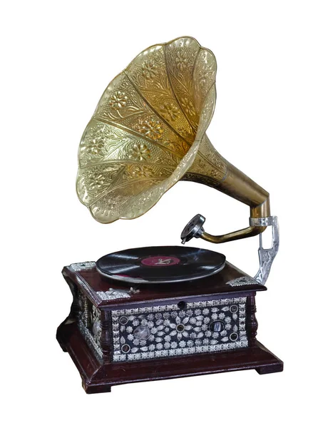 Граммофон, старинный проигрыватель с желтой трубой — стоковое фото