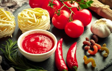 Makarna sebze ve eski bir arka plan üzerinde mutfak aksesuarları ile bir kompozisyon içinde