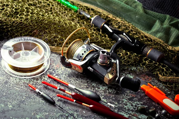 Cañas Pescar Spinnings Composición Con Accesorios Para Pesca Fondo Viejo — Foto de Stock