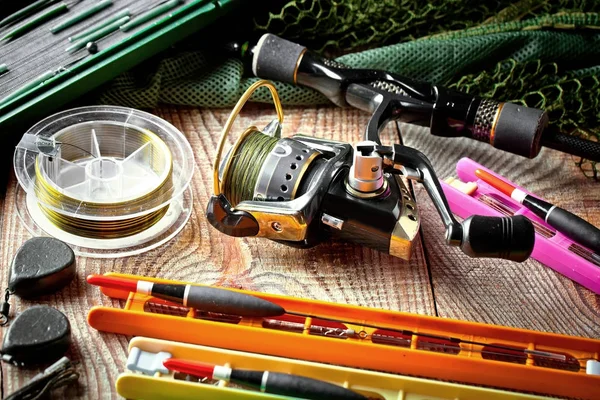 Fishing Rods Spinnings Composition Accessories Fishing Old Background Table — Stock Photo, Image