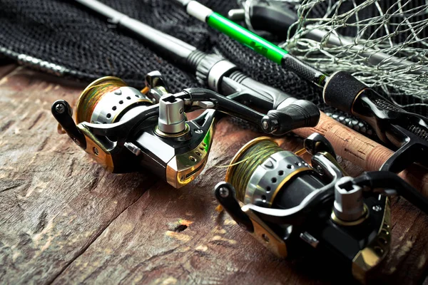 Fishing Rods Spinnings Composition Accessories Fishing Old Background Table — Stock Photo, Image