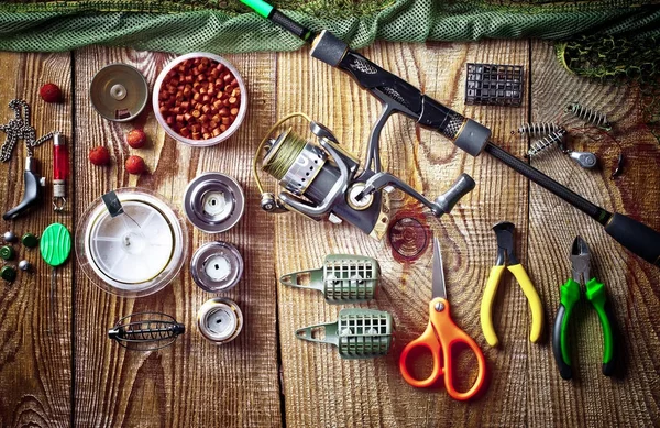 Cañas Pescar Spinnings Composición Con Accesorios Para Pesca Fondo Viejo — Foto de Stock