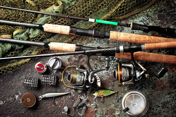 Cañas Pescar Spinnings Composición Con Accesorios Para Pesca Fondo Viejo — Foto de Stock