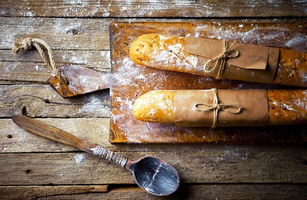 Bread Pastries Composition Kitchen Accessories Old Background — Stock Photo, Image