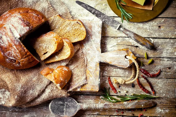 Bread Pastries Composition Kitchen Accessories Old Background — Stock Photo, Image