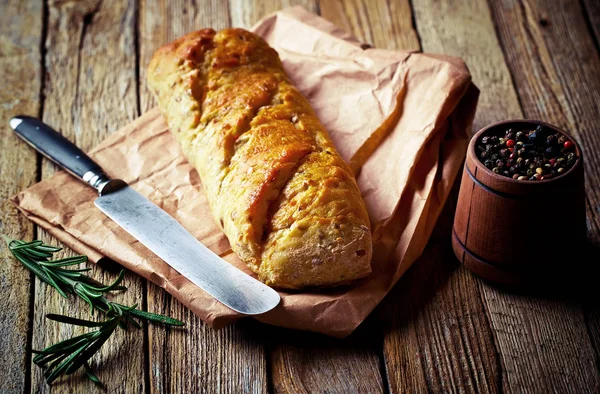 Bread Pastries Composition Kitchen Accessories Old Background — Stock Photo, Image