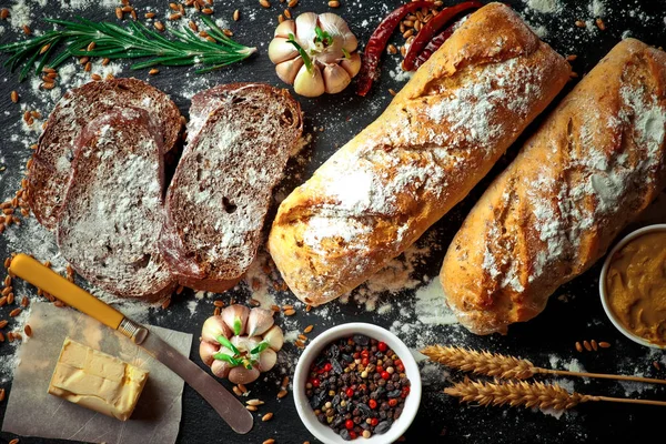 Bread Pastries Composition Kitchen Accessories Old Background — Stock Photo, Image