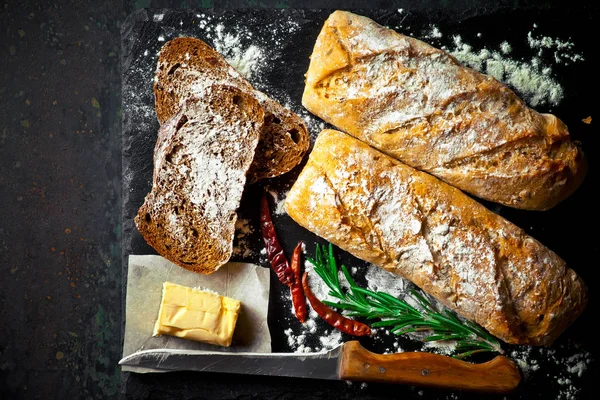 Bread Pastries Composition Kitchen Accessories Old Background — Stock Photo, Image