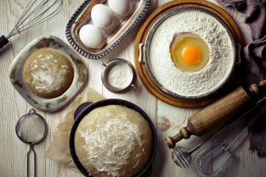 Mutfak aksesuarları ile bir kompozisyon içinde eski bir arka plan üzerinde un ile hamur