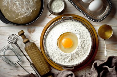 Mutfak aksesuarları ile bir kompozisyon içinde eski bir arka plan üzerinde un ile hamur
