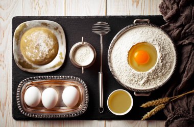 Mutfak aksesuarları ile bir kompozisyon içinde eski bir arka plan üzerinde un ile hamur