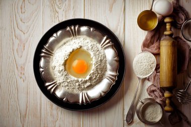 Mutfak aksesuarları ile bir kompozisyon içinde eski bir arka plan üzerinde un ile hamur