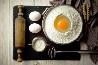 Mutfak aksesuarları ile bir kompozisyon içinde eski bir arka plan üzerinde un ile hamur