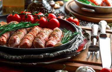 Mutfak masasında aksesuarları pişirme ile bir kompozisyon içinde metalik bir arka plan üzerinde çiğ et