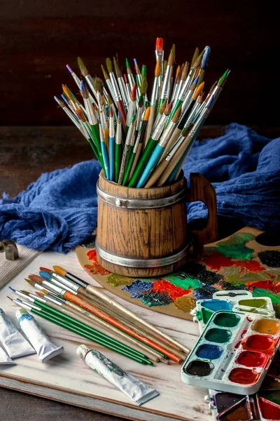 Paints Drawing Brush Background Composition — Stock Photo, Image