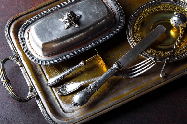 Old Silver Dishes Accessories Kitchen — Stock Photo, Image
