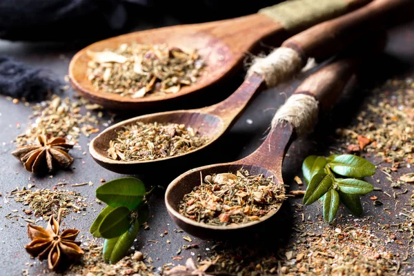 Especiarias Para Cozinhar Com Acessórios Cozinha Fundo Antigo — Fotografia de Stock