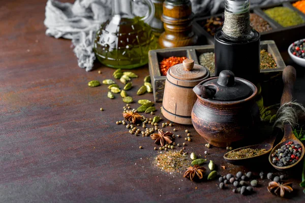 Especiarias Para Cozinhar Com Acessórios Cozinha Fundo Antigo — Fotografia de Stock