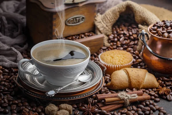 Kaffe Kopp Och Fat Gammal Bakgrund — Stockfoto