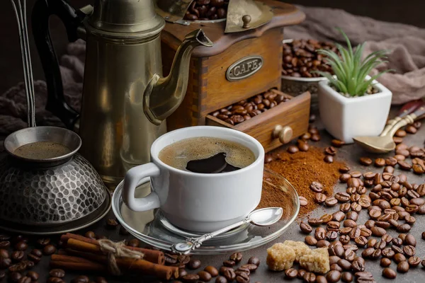 Caffè Una Tazza Piattino Vecchio Sfondo — Foto Stock
