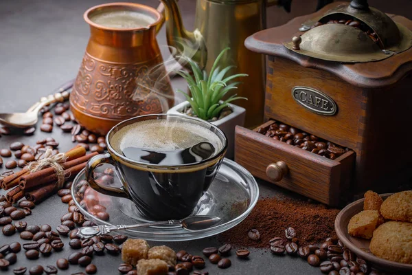 Caffè Una Tazza Piattino Vecchio Sfondo — Foto Stock