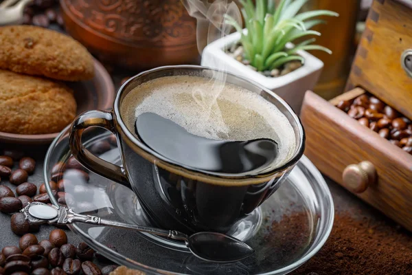 Café Una Taza Platillo Sobre Fondo Viejo — Foto de Stock