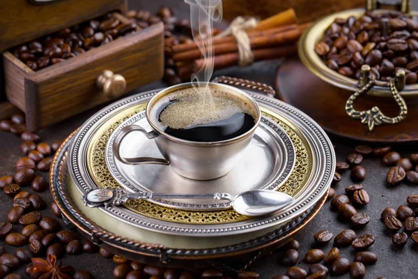 Kaffe Kopp Bakgrund Kaffebönor Gammal Bakgrund — Stockfoto