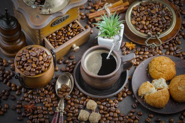 Coffee Cup Background Coffee Beans Old Background — Stock Photo, Image