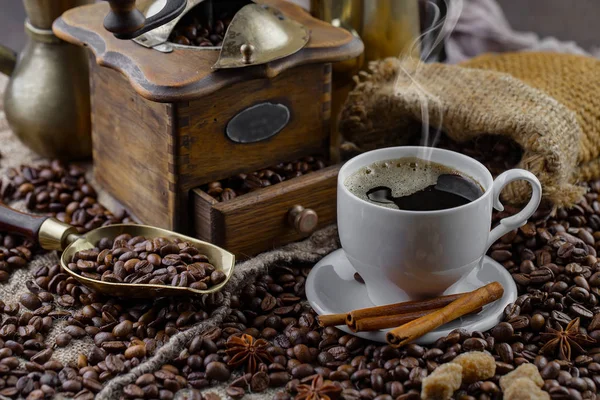 Coffee Cup Background Coffee Beans Old Background — Stock Photo, Image