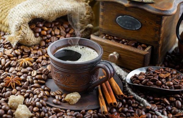 Caffè Nero Vecchio Sfondo Una Tazza — Foto Stock