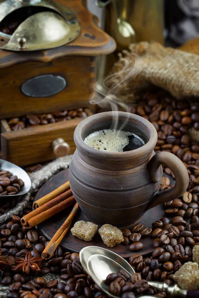 Svart Kaffe Gammal Bakgrund Kopp — Stockfoto