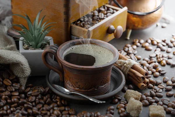 Caffè Nero Vecchio Sfondo Una Tazza — Foto Stock