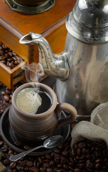 Caffè Nero Vecchio Sfondo Una Tazza — Foto Stock