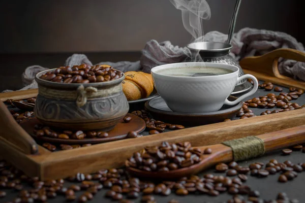 Svart Kaffe Gammal Bakgrund Kopp — Stockfoto