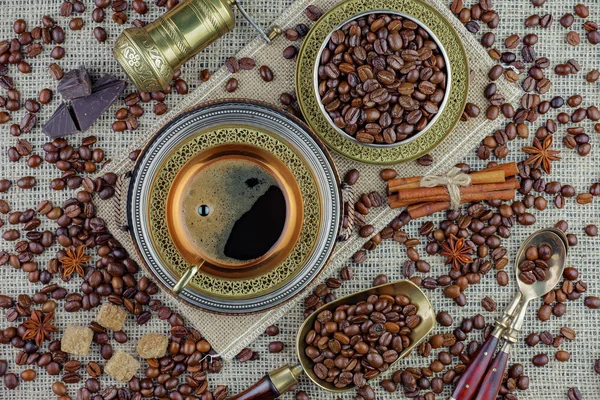 Svart Kaffe Gammal Bakgrund Kopp — Stockfoto