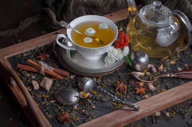 Eski bir arka planda, fincanda çay