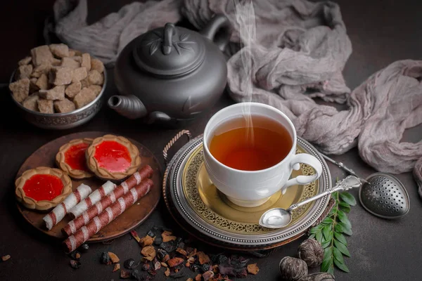 Bebida Quente Chá Fundo Velho Composição Mesa — Fotografia de Stock