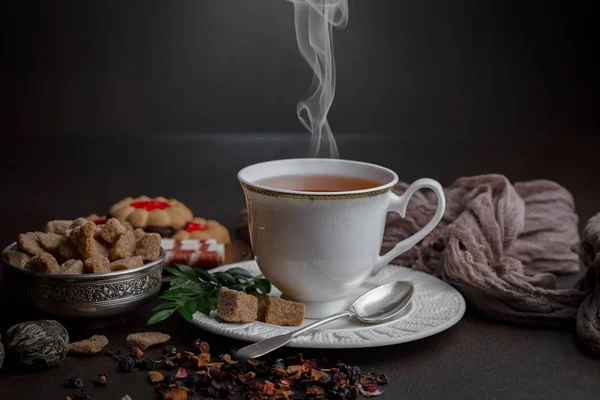 Bebida Quente Chá Fundo Velho Composição Mesa — Fotografia de Stock