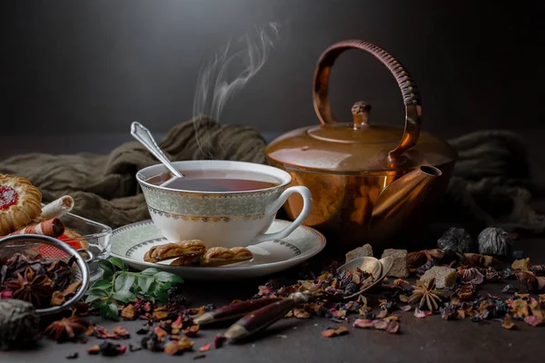 Hot Tea Cup Old Background — Stock Photo, Image